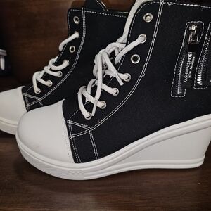 Black and White High-Top Wedge Sneakers